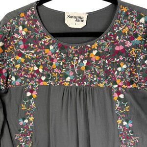 Savanna Jane Embroidered Shirt Floral Rayon S Green Long Sleeve Boho Peasant